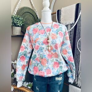 VTG Style Cottage Coquette Soft Fleece Texture  Floral Double Crew Sweatshirt